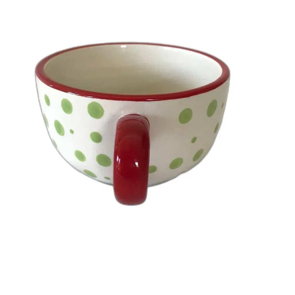 Pier 1 Coffee Mug Cup Trees Dots Xmas Hand painted Ironstone Red Green Rare